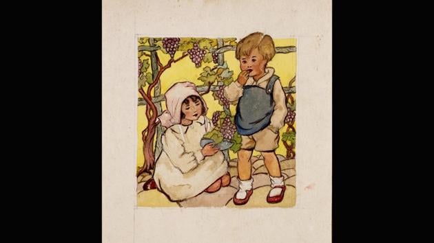 This watercolour, Untitled (Grapes), on paper, was made between 1943- 44 before Bhanu Athaiya joined the JJ School of Art in Bombay (now Mumbai). Athaiya’s inspiration began from home. This sketch shows she was already aware of European portraiture-- hardly surprising as her father would being home from his travels in Mumbai, catalogues and books on European painters. (Courtesy Prinseps.com)