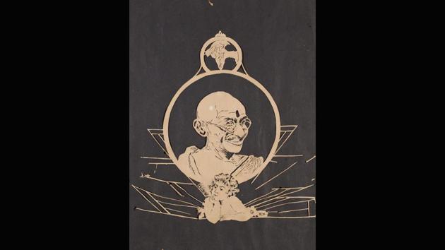 Gandhi, cutwork, 1938-39. In her autobiographical book, The Art of Costume Design (2010), Bhanu Athaiya writes of how her father noticed her interest in art and got her a private art tutor when she was eight. The Gandhi collage is a work of early experimentation with paper. (Courtesy Prinseps.com)