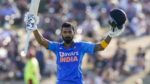 India's KL Rahul celebrates his 100 runs during the One Day cricket international between India and New Zealand at Bay Oval in Tauranga, New Zealand.(AP)