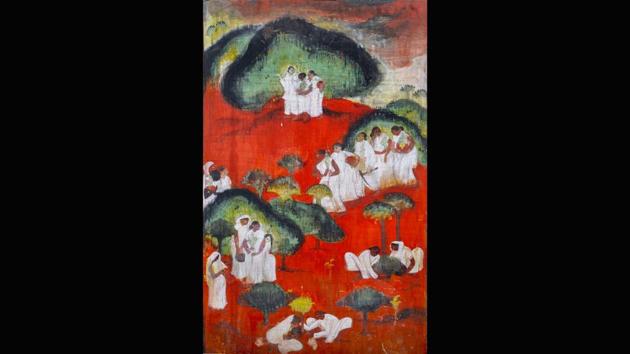 The use of colour and the recreation of landscape in this watercolour made circa 1950, recall artist Baburao Painter from Kolhapur, Bhanu Athaiya’s home-town, and one of her early influences. “Bombay Orientalism became endemic to much of the art being produced in western India between the 1920s and 1940s,” says Ranjit Hoskote. (Courtesy Prinseps.com)