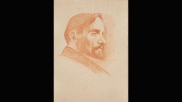This sketch circa 1950 from her student years at the JJ School of Art attests to its pedagogical amplitude: the copying of faces from busts and photographs. This was made with red graphite on paper. (Courtesy Prinseps.com)