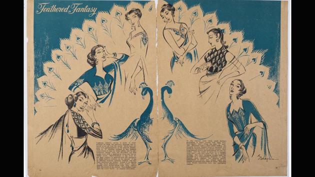 In her early years as a costume designer in the mid-1950s, Bhanu Athaiya also created fashion spreads as a look-book to give women ideas of how to stay in style for the women’s magazine Eve’s Weekly. Those remarkable sketches introduced a variety of trends to the post-Independence Indian woman. It was the choli more than the sari that she lavished most of her creativity on. (Courtesy Prinseps.com)