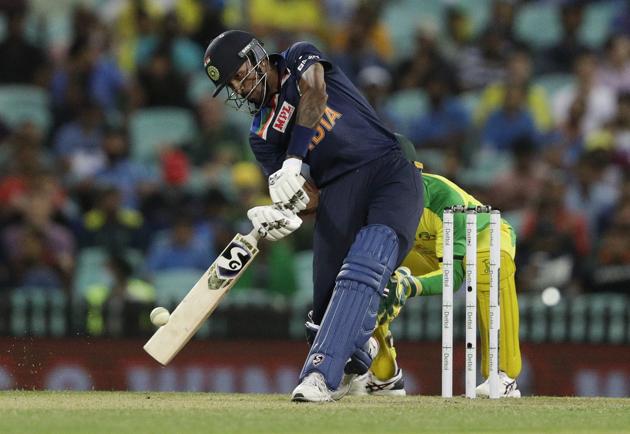 India's Hardik Pandya hits the ball for six runs during the one day international cricket match between India and Australia at the Sydney Cricket Ground in Sydney, Australia, Friday, Nov. 27, 2020. (AP Photo/Rick Rycroft) (AP) 