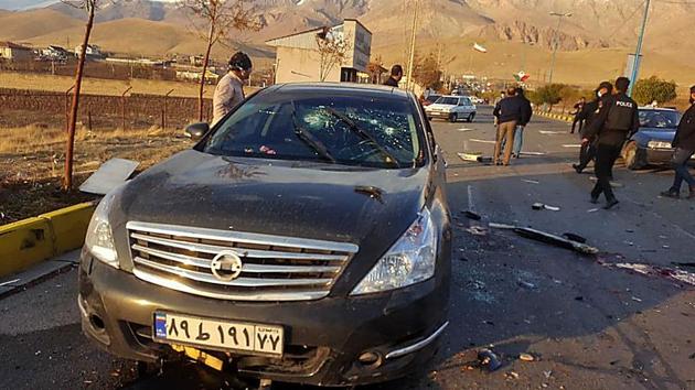 A handout photo made available by Iran state TV (IRIB) shows the damaged car of Iranian nuclear scientist Mohsen Fakhrizadeh after it was attacked near the capital Tehran. The scientist died at the hospital from his injuries following an attack by "armed terrorists", Iran's defence ministry said in a statement. (AFP) A handout photo made available by Iran state TV (IRIB) shows the damaged car of Iranian nuclear scientist Mohsen Fakhrizadeh after it was attacked near the capital Tehran. The scientist died at the hospital from his injuries following an attack by "armed terrorists", Iran's defence ministry said in a statement. (AFP)