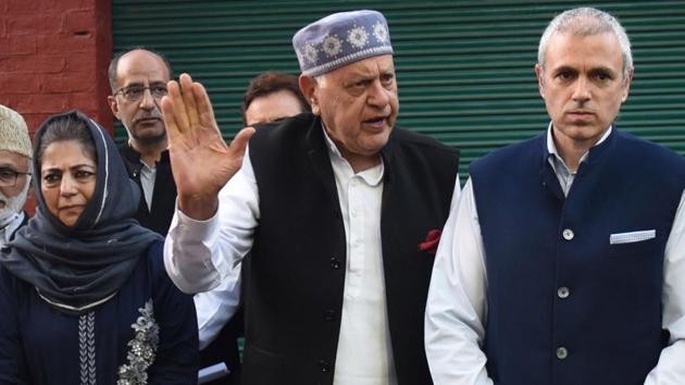 National Conference President and Member Parliament Farooq Abdullah, former chief minister Omar Abdullah, People's Democratic Party’s (PDP) president and former chief minister Mehbooba Mufti.(Waseem Andrabi/ Hindustan Times)