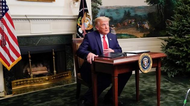 US President Donald Trump arrives to a Thanksgiving video teleconference with members of the military forces at the White House in Washington, US.(Reuters) US President Donald Trump arrives to a Thanksgiving video teleconference with members of the military forces at the White House in Washington, US.(Reuters)