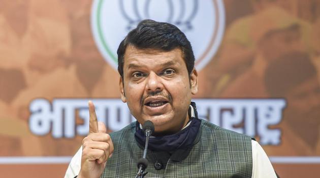 Opposition leader Devendra Fadnavis addresses a press conference at the BJP office in Mumbai on Saturday.(PTI)