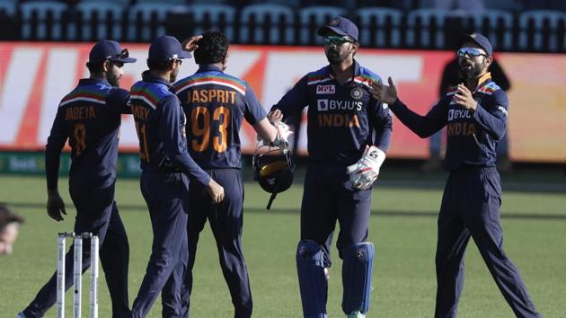 Sydney : India's Jasprit Bumrah, centre, is congratulated by teammates after taking the wicket of Australia's Aaron Finch during the one day international cricket match between India and Australia at the Sydney Cricket Ground in Sydney, Australia, Friday, Nov. 27, 2020.(AP) Sydney : India's Jasprit Bumrah, centre, is congratulated by teammates after taking the wicket of Australia's Aaron Finch during the one day international cricket match between India and Australia at the Sydney Cricket Ground in Sydney, Australia, Friday, Nov. 27, 2020.(AP)