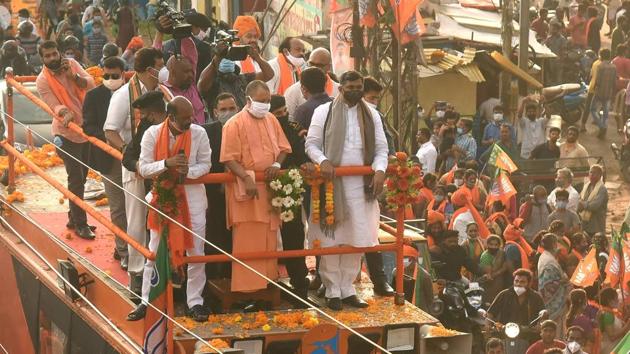 Uttar Pradesh chief minister Yogi Adityanath with other BJP leaders during a roadshow ahead of the GHMC elections in Hyderabad on Nov 28, 2020.(PTI) Uttar Pradesh chief minister Yogi Adityanath with other BJP leaders during a roadshow ahead of the GHMC elections in Hyderabad on Nov 28, 2020.(PTI)