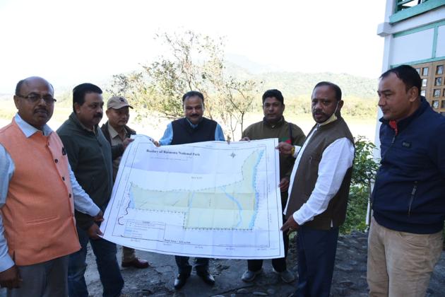 Assam forest minister Parimal Suklabaidya unveiling the map of the proposed Raimona National Park on Saturday(Photo Courtesy - Parimal Suklabaidya/Twitter)