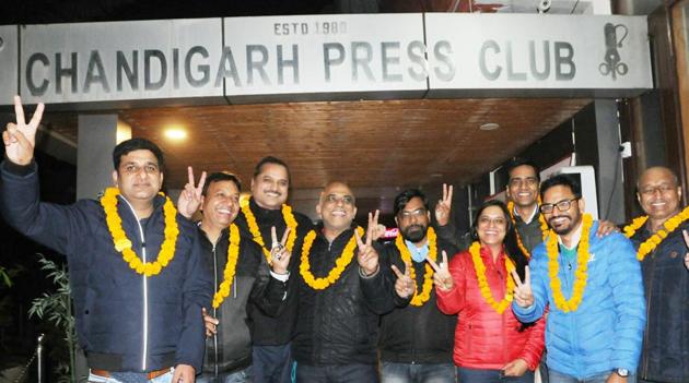 The panel in a jubilant mood after a clean sweep in the Chandigarh Press Club elections.(HT PHOTO)