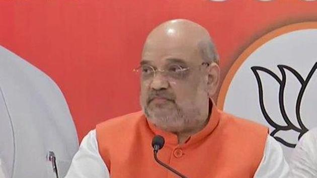 Home minister Amit Shah speaks to mediapersons in Hyderabad BJP headquarters.(ANI/Twitter)