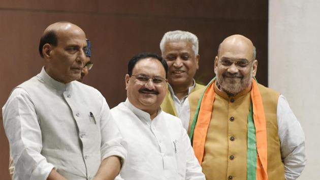 BJP president JP Nadda with Home Minister Amit Shah and Defence Minister Rajnath Singh. (Vipin Kumar/HT FILE PHOTO) BJP president JP Nadda with Home Minister Amit Shah and Defence Minister Rajnath Singh. (Vipin Kumar/HT FILE PHOTO)