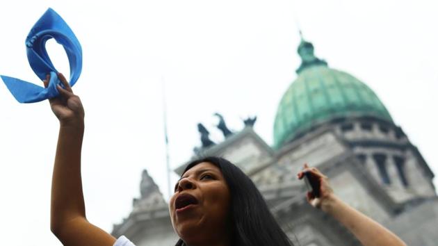 A demonstrator participates in an anti-abortion rally outside the National Congress building, in Buenos Aires, Argentina.(REUTERS)