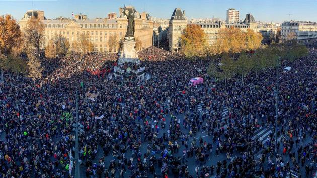 An aerial view of demonstrators gathered at the Place de la Republique square in Paris on November 28. Some 46,000 people marched in Paris and 133,000 in total nationwide, the interior ministry said. Protest organisers said some 500,000 joined nationwide, including 200,000 in the capital, AFP reported. (Thomas Coex / AFP) An aerial view of demonstrators gathered at the Place de la Republique square in Paris on November 28. Some 46,000 people marched in Paris and 133,000 in total nationwide, the interior ministry said. Protest organisers said some 500,000 joined nationwide, including 200,000 in the capital, AFP reported. (Thomas Coex / AFP)