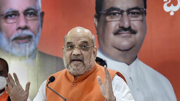 Union home minister Amit Shah addresses media, ahead of Greater Hyderabad Municipal Corporation (GHMC) elections, in Hyderabad, on Nov 29, 2020.(PTI)