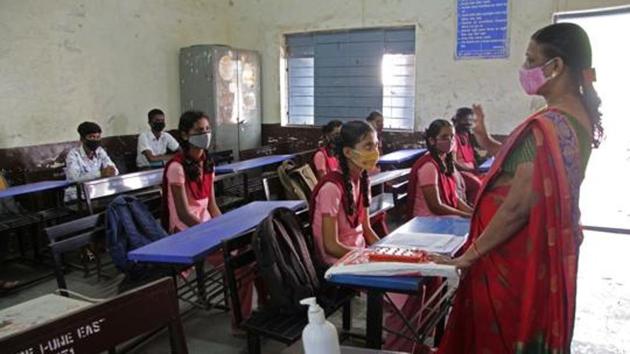 Schools reopened in rural area after pandemic Covid-19 on Monday, November 23, 2020.(Ravindra Joshi/HT PHOTO)