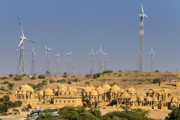 Monuments of the future: Windmills tower over cenotaphs near Jaisalmer. (Shutterstock) Monuments of the future: Windmills tower over cenotaphs near Jaisalmer. (Shutterstock)