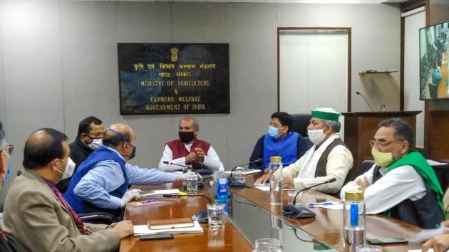 Union Agriculure Minister Narendra Singh Tomar and Railway Minister Piyush Goyal in a meeting with Bharatiya Kisan Union leaders on farmers' issues in New Delhi on Tuesday,.(PTI) Union Agriculure Minister Narendra Singh Tomar and Railway Minister Piyush Goyal in a meeting with Bharatiya Kisan Union leaders on farmers' issues in New Delhi on Tuesday,.(PTI)