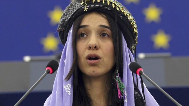Nobel Peace Prize laureate Nadia Murad spoke virtually at a UN meeting Monday titled “Locked Down and Locked-In: Standing Against Sexual Violence and Human Trafficking during the Covid-19 Pandemic. (AP file photo) Nobel Peace Prize laureate Nadia Murad spoke virtually at a UN meeting Monday titled “Locked Down and Locked-In: Standing Against Sexual Violence and Human Trafficking during the Covid-19 Pandemic. (AP file photo)