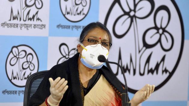 Trinamool Congress leader Kakoli Ghosh Dastidar at a press conference at Trinamool Bhavan in Kolkata on Tuesday. The TMC has been holding special press conferences every day for the past two weeks.(PTI)