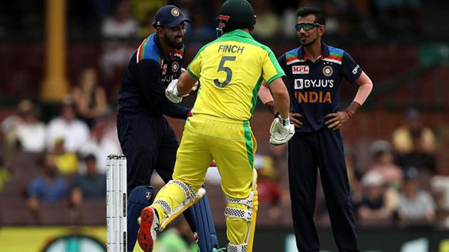 KL Rahul of India and Aaron Finch of Australia joke about after Finch was hit by a full toss.(Getty Images) KL Rahul of India and Aaron Finch of Australia joke about after Finch was hit by a full toss.(Getty Images)