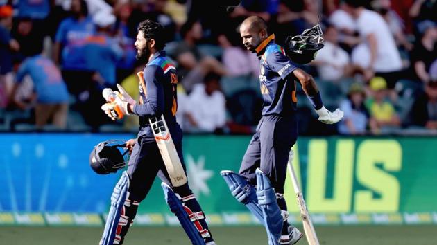 India's batsmen Hardik Pandya (R) and Ravindra Jadeja walk back to the pavilion at the end of 50 overs during the third one-day international cricket match between Australia and India at Manuka Oval in Canberra.(AFP) India's batsmen Hardik Pandya (R) and Ravindra Jadeja walk back to the pavilion at the end of 50 overs during the third one-day international cricket match between Australia and India at Manuka Oval in Canberra.(AFP)