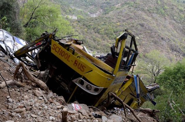 The bus was ferrying around 30 students of Wazir Ram Singh Pathania Memorial Public School in Gurchal village, Kangra, when the accident took place on April 9, 2018. (AFP) The bus was ferrying around 30 students of Wazir Ram Singh Pathania Memorial Public School in Gurchal village, Kangra, when the accident took place on April 9, 2018. (AFP)