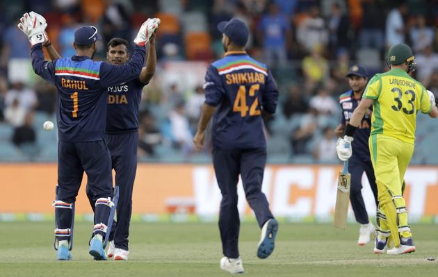 Canberra: India's Thangarasu Natarajan, second left, is congratulated by teammate India's K.L. Rahul after bowling Australia's Marnus I nLabuschagne, right, for 7 runs during their one day international cricket match at Manuka Oval in Canberra, Australia, Wednesday, Dec. 2, 2020. AP/PTI(AP02-12-2020_000077B) (AP)