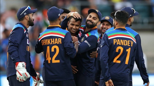 Natarajan celebrates with Indian team.(Natarajan/Twitter)