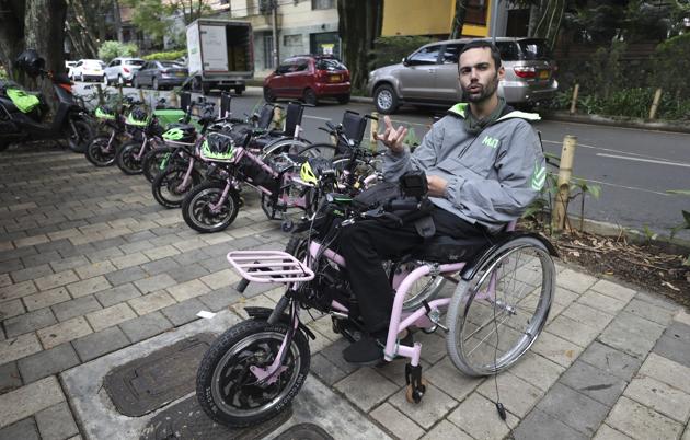 Martin Londoño, owner of MATT, an electric wheelchair tour company talks during an interview in Medellin, Colombia, Wednesday, Nov. 18, 2020. Londoño, an entrepreneur who lost the use of his legs in a traffic accident is organizing electric wheelchair tours for people with disabilities or fully abled folks, in a bid to generate employment for people while creating awareness of the challenges faced by those on wheelchairs. (AP) Martin Londoño, owner of MATT, an electric wheelchair tour company talks during an interview in Medellin, Colombia, Wednesday, Nov. 18, 2020. Londoño, an entrepreneur who lost the use of his legs in a traffic accident is organizing electric wheelchair tours for people with disabilities or fully abled folks, in a bid to generate employment for people while creating awareness of the challenges faced by those on wheelchairs. (AP)