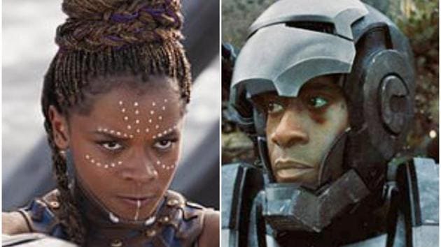 Don Cheadle as War Machine and Letitia Wright as Shuri.