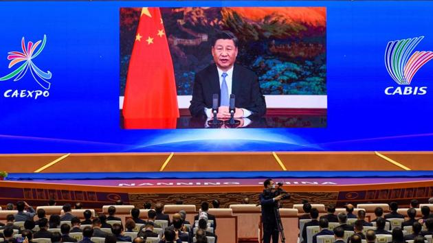 A file photo of Chinese President Xi Jinping delivering a speech via video at the ASEAN Expo in Nanning, in southern China's Guangxi province on November 27, 2020.(AFP/ FILE)