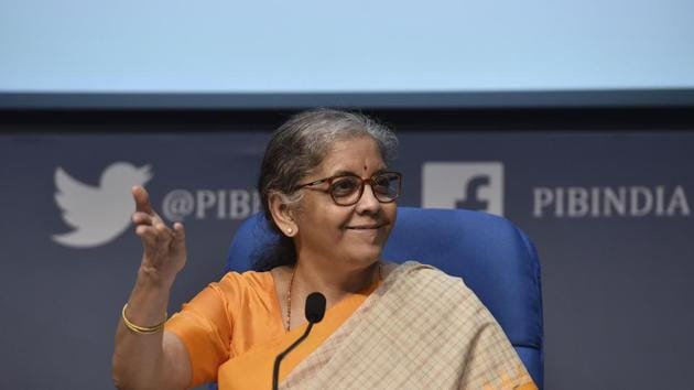 Union finance minister Nirmala Sitharaman addresses a press conference in this file photo. She will speak on Day 6 of the Hindustan Times Leadership Summit 2020.(Sanjeev Verma/HT Photo)