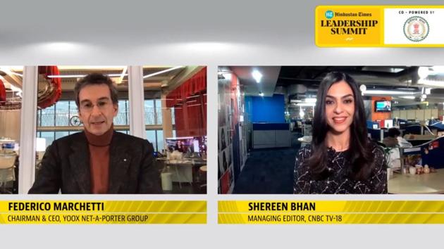Federico Marchetti, Chairman and CEO, Yoox Net-A-Porter Group, in conversation with Shereen Bhan, Managing Editor, CNBC TV-18, during the 18th edition of HTLS on December 4. Marchetti spoke about the future of fashion and the union of luxury and technology in a post-pandemic world. The future, Marchetti said, will belong to those willing to be pioneers and those open to making mistakes. (HT Photo)
