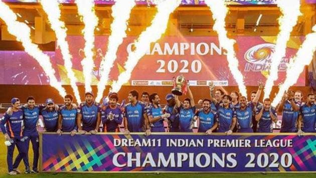 Mumbai Indians team pose with the winners trophy after winning the final cricket match of the Indian Premier League (IPL) T20 against Delhi Capitals, at Dubai International Cricket Stadium in Dubai.(PTI) Mumbai Indians team pose with the winners trophy after winning the final cricket match of the Indian Premier League (IPL) T20 against Delhi Capitals, at Dubai International Cricket Stadium in Dubai.(PTI)