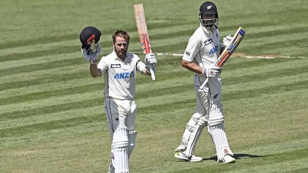 New Zealand's Kane Williamson celebrates his double century during play on day two of the first cricket test between the West Indies and New Zealand in Hamilton, New Zealand.(AP) New Zealand's Kane Williamson celebrates his double century during play on day two of the first cricket test between the West Indies and New Zealand in Hamilton, New Zealand.(AP)