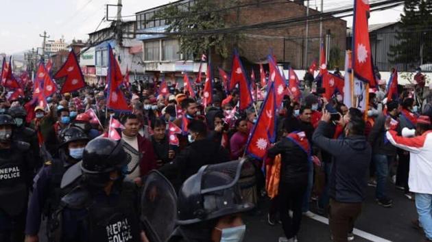 Demonstration held in Nepal’s capital Kathmandu, demanding restoration of monarchy in the country.(ANI/Twitter)