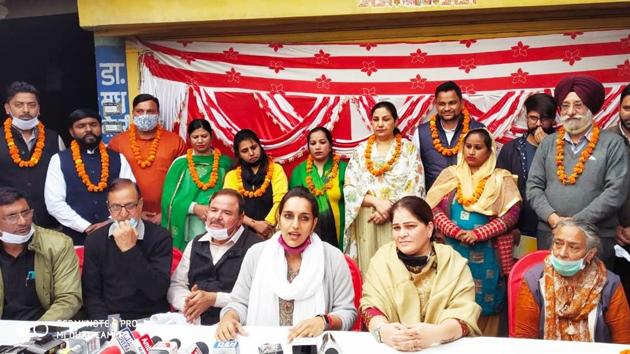 Announcing the names at the party office, general secretary and treasurer Chitra Sarwara said that the front workers will go door-to-door to campaign for the candidates and the party manifesto will be released next week. (HT PHOTO) Announcing the names at the party office, general secretary and treasurer Chitra Sarwara said that the front workers will go door-to-door to campaign for the candidates and the party manifesto will be released next week. (HT PHOTO)
