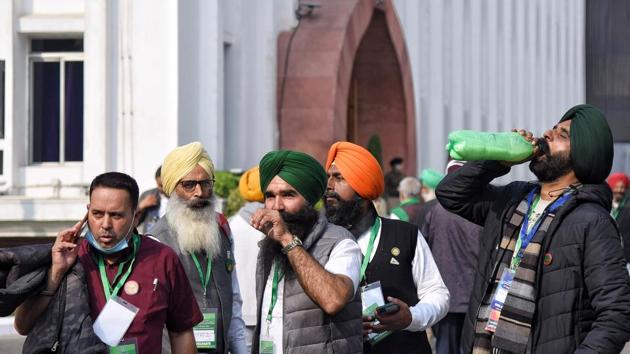 Farmer leaders at Vigyan Bhawan to held the fifth round of talks with the Central government on the farm laws.(ANI) Farmer leaders at Vigyan Bhawan to held the fifth round of talks with the Central government on the farm laws.(ANI)