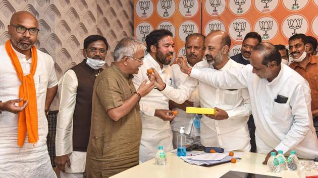 Hinting at a secret coalition going on between the TRS and AIMIM for the mayor and the deputy mayor posts in Greater Hyderabad Municipal Corporation G Kishan Reddy on Saturday said Owaisi and KCR eat biryani together(PTI) Hinting at a secret coalition going on between the TRS and AIMIM for the mayor and the deputy mayor posts in Greater Hyderabad Municipal Corporation G Kishan Reddy on Saturday said Owaisi and KCR eat biryani together(PTI)
