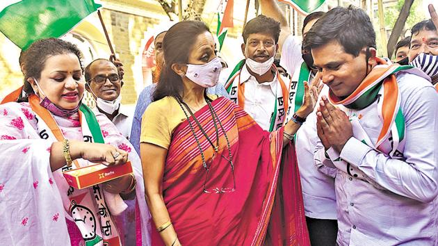 NCP leader Supriya Sule along with its party workers celebrate after the final results of graduate seats in Maharashtra, outside Rashtravadhi Bhavan in Ballard Estate, on Friday.(Anshuman Poyrekar/ HT) NCP leader Supriya Sule along with its party workers celebrate after the final results of graduate seats in Maharashtra, outside Rashtravadhi Bhavan in Ballard Estate, on Friday.(Anshuman Poyrekar/ HT)