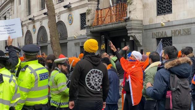 Protest outside India House. (HT Photo) Protest outside India House. (HT Photo)