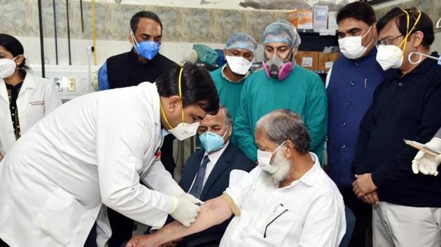 Haryana health minister Anil Vij undergoing the final trial of the Covid-19 vaccine at Civil Hospital, Ambala Cantonment.