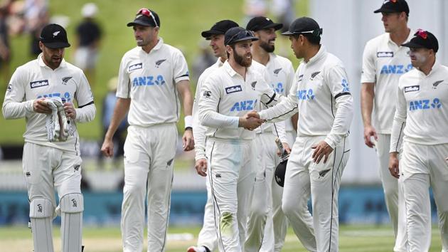 New Zealand's Ross Taylor, third right, shales hands with Kane Williamson as they walk off after their innings and 134 run win over the West Indies on day four of their cricket test in Hamilton, New Zealand.(AP) New Zealand's Ross Taylor, third right, shales hands with Kane Williamson as they walk off after their innings and 134 run win over the West Indies on day four of their cricket test in Hamilton, New Zealand.(AP)