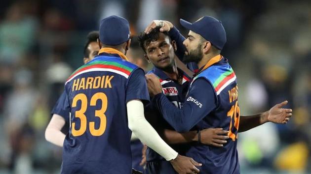 India’s T Natrajan celebrates a wicket in the 1st T20I against Australia in Canberra (BCCI/Twitter) India’s T Natrajan celebrates a wicket in the 1st T20I against Australia in Canberra (BCCI/Twitter)