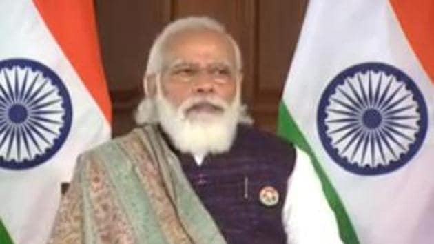 PM Narendra Modi attending the Agra Metro project inauguration virtually on Monday.(Narendra Modi/YouTube screengrab) PM Narendra Modi attending the Agra Metro project inauguration virtually on Monday.(Narendra Modi/YouTube screengrab)