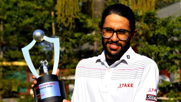 Golfer Karandeep Singh Kochhar after winning the Jeev Milkha Singh Invitational 2020 Golf Tournament at the Chandigarh Golf Club on Monday.(Keshav Singh/HT)