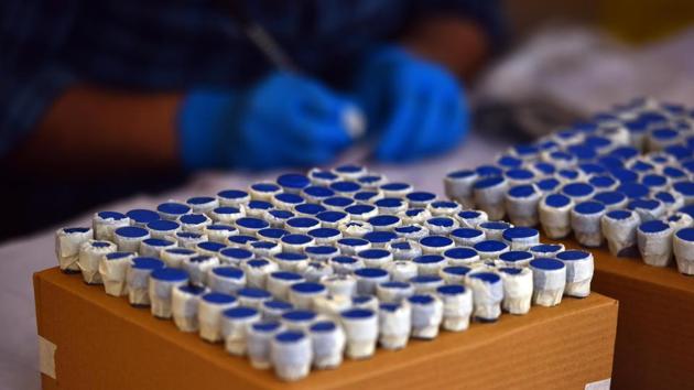 Swab samples collected for Covid-19 test seen at a dispensary in New Ashok Nagar, New Delhi on December 5. The number of RT-PCR tests, considered by experts to be the gold standard of Covid-19 testing, however, continued to drop from 35,352 on December 5 to 32,023 on December 6 – a reduction of 9.41%. (Raj K Raj / HT Photo) Swab samples collected for Covid-19 test seen at a dispensary in New Ashok Nagar, New Delhi on December 5. The number of RT-PCR tests, considered by experts to be the gold standard of Covid-19 testing, however, continued to drop from 35,352 on December 5 to 32,023 on December 6 – a reduction of 9.41%. (Raj K Raj / HT Photo)