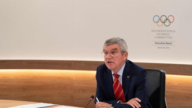 This handout picture taken and released on December 7, 2020 by the International Olympic Committee shows IOC president Thomas Bach speaking during an IOC Executive Board Meetings at Olympic House in Lausanne. - Breakdancing was one of four new sports along with skateboarding, surfing and sport climbing to get the Olympic green light on Decmber 7, 2020 for inclusion at the 2024 Paris Games. (Photo by Greg MARTIN / OIS/IOC / AFP) / RESTRICTED TO EDITORIAL USE - MANDATORY CREDIT "AFP PHOTO / IOC / GREG MARTIN " - NO MARKETING NO ADVERTISING CAMPAIGNS - DISTRIBUTED AS A SERVICE TO CLIENTS(AFP)